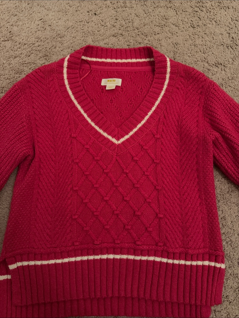 Maeve Bright Pink Cable-Knit V-Neck Sweater with Cream Trim